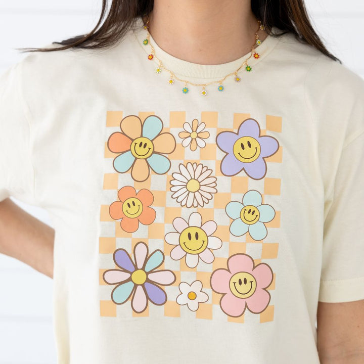 Daisy Doodle Checker Adult Short Sleeve T-Shirt - Natural