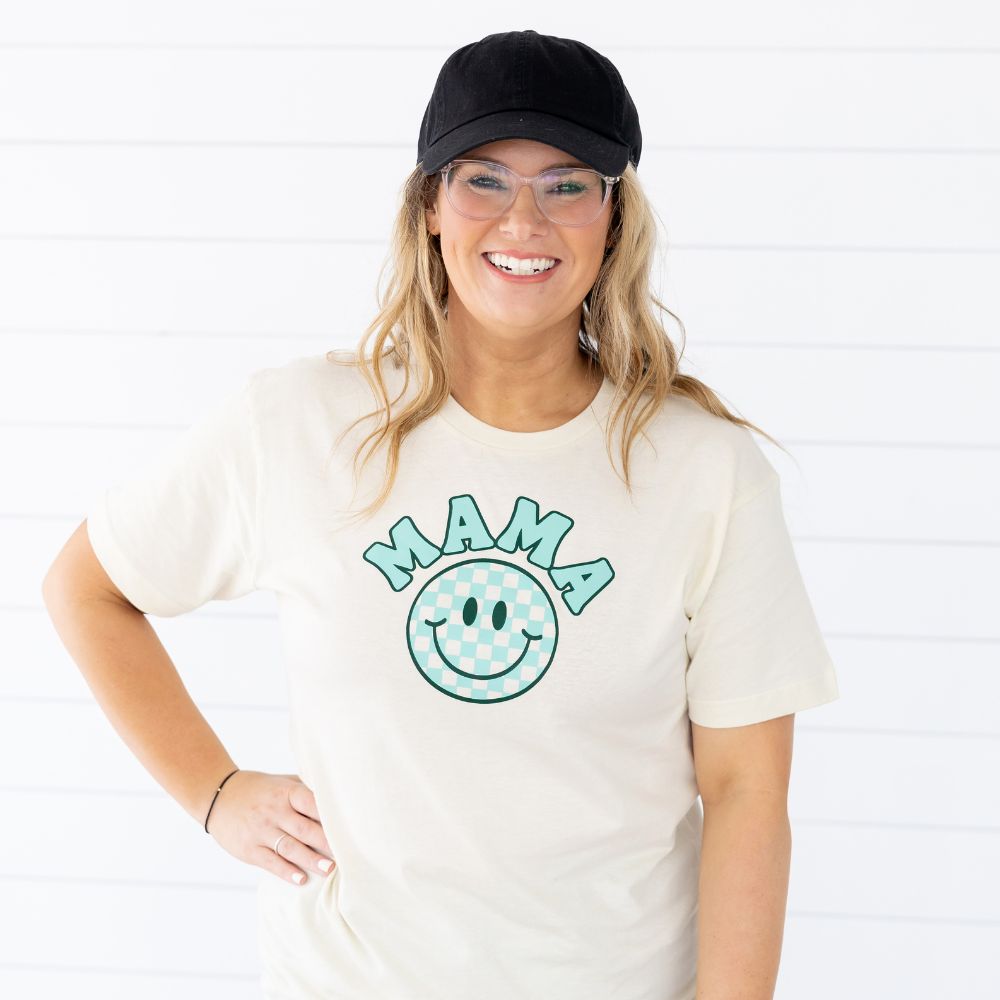 Mama Smiley Checker Adult Short Sleeve T-Shirt - Natural