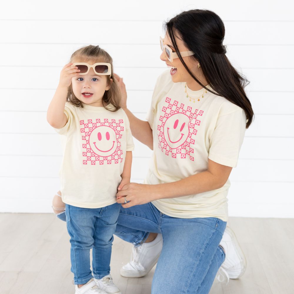 Pink Smiley Checker Short Sleeve T-Shirt - Natural