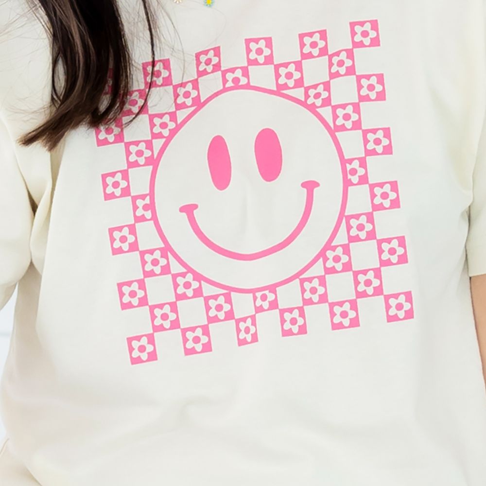 Pink Smiley Checker Adult Short Sleeve T-Shirt - Natural