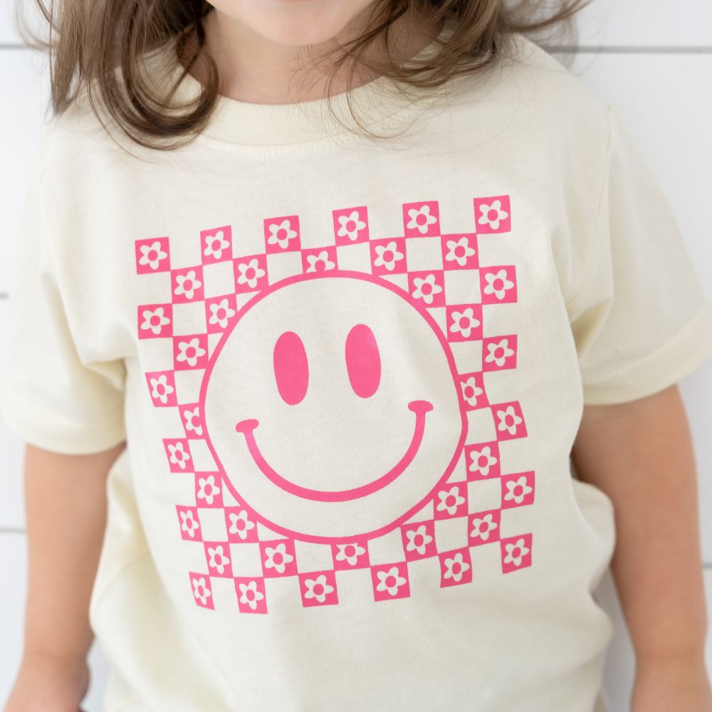 Pink Smiley Checker Short Sleeve T-Shirt - Natural