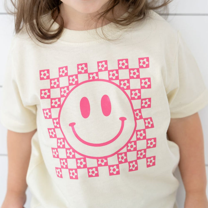 Pink Smiley Checker Short Sleeve T-Shirt - Natural