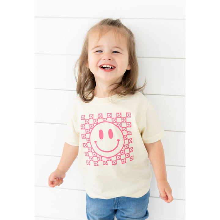 Pink Smiley Checker Short Sleeve T-Shirt - Natural