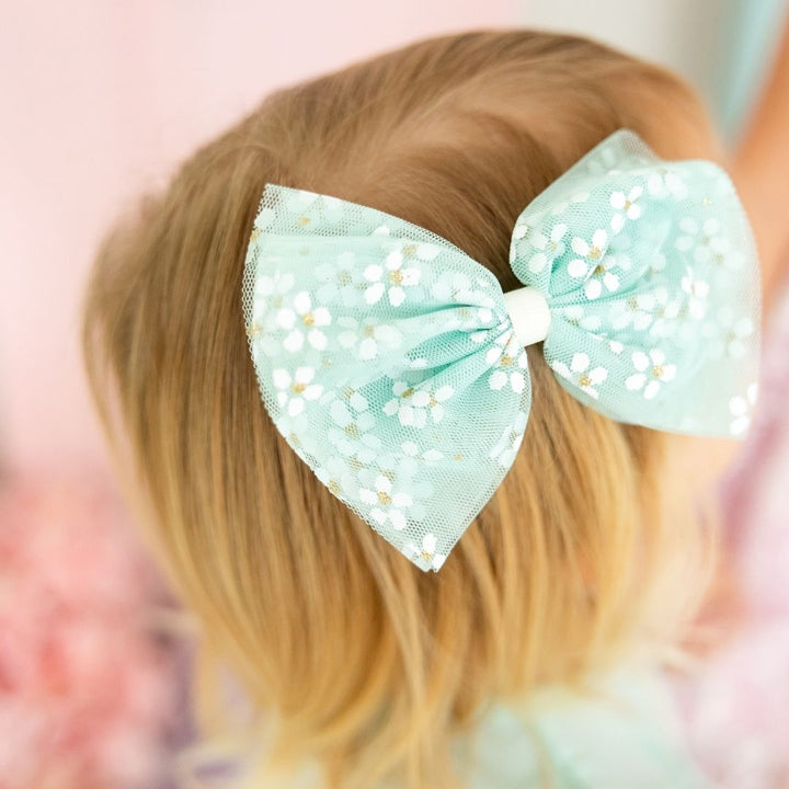 Aqua Ditsy Daisy Easter Tulle Bow Clip