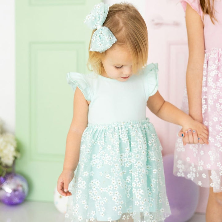 Aqua Ditsy Daisy Easter Tulle Bow Clip