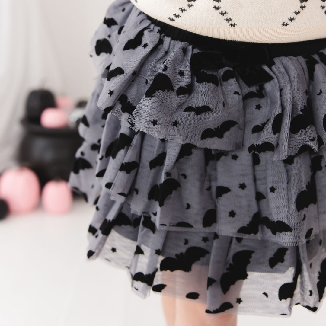 Flocked Bats Halloween Bow Tiered Tutu Skirt
