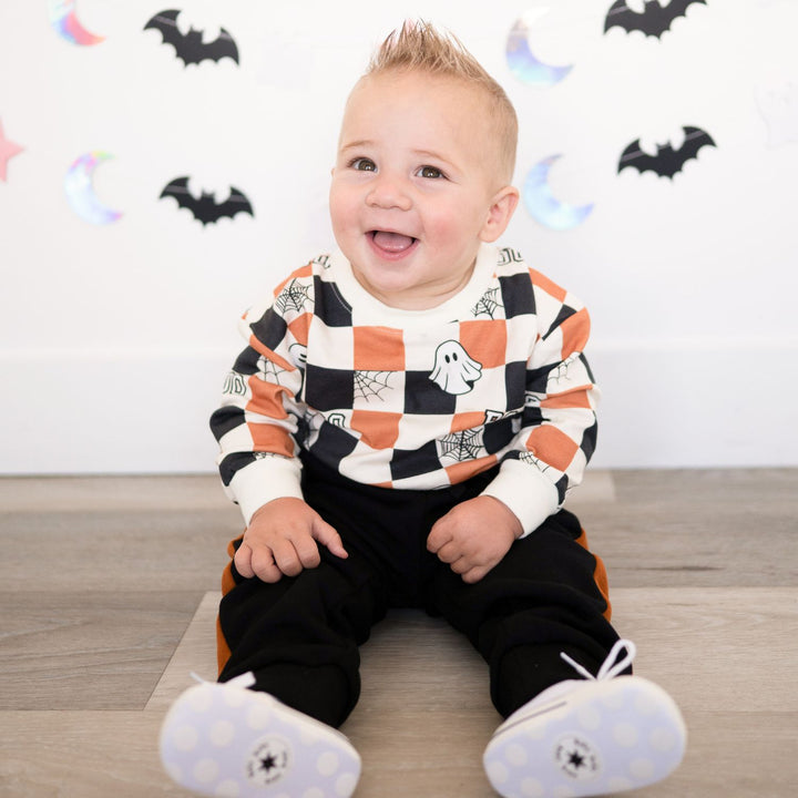 Boo Checkered Halloween Long Sleeve Romper