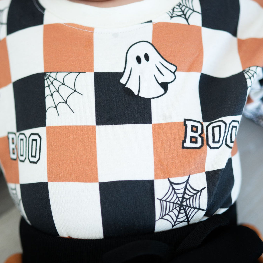 Boo Checkered Halloween Long Sleeve Romper