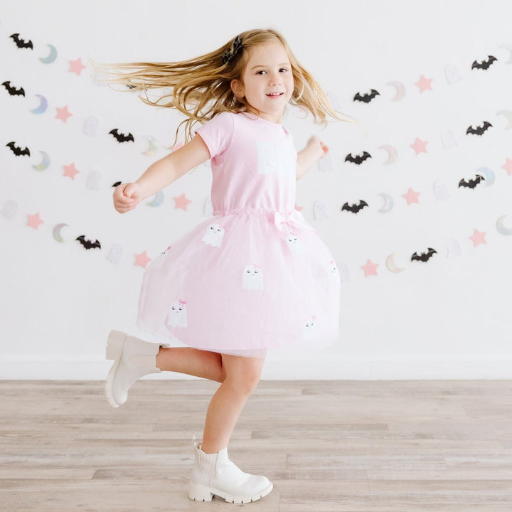 Boo Sequin Patch Halloween Short Sleeve Tutu Dress