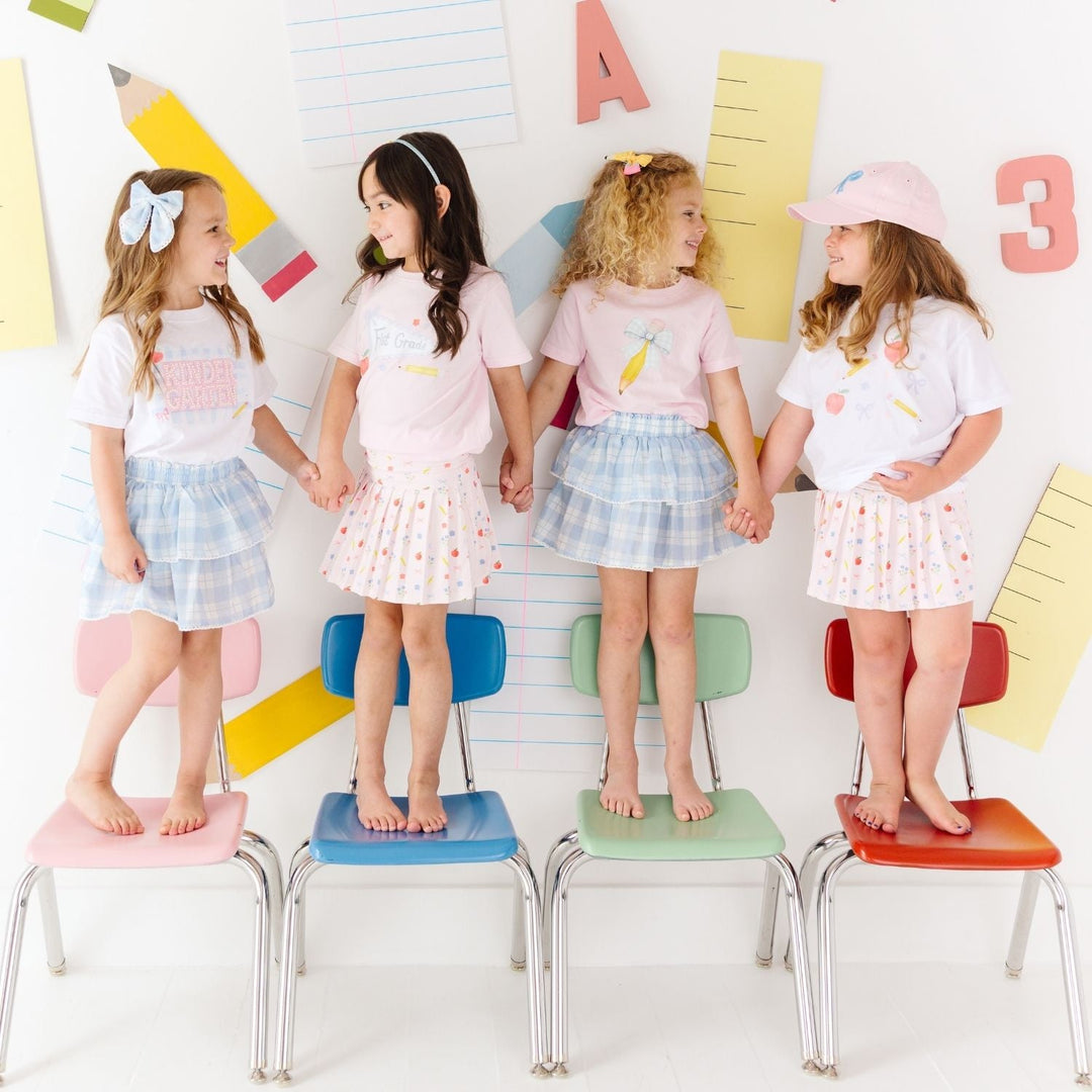 Blue Plaid Pencil Bow Short Sleeve T-Shirt