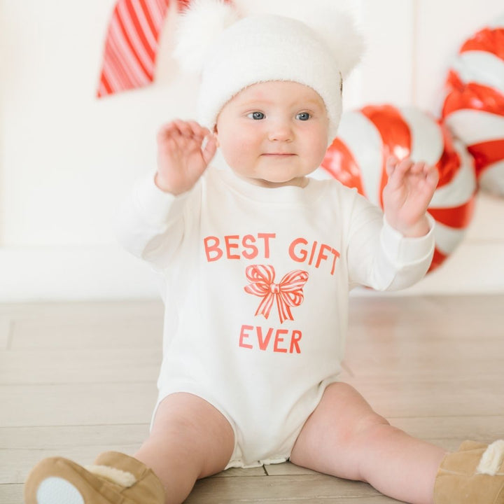 Best Gift Ever Christmas Long Sleeve Romper - White