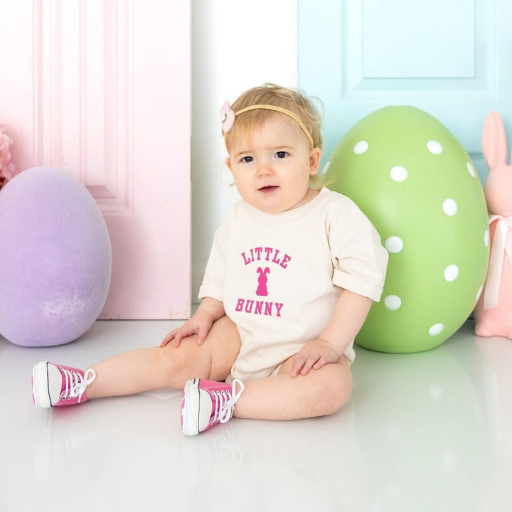 Little Bunny Rose Easter Short Sleeve Romper - Natural