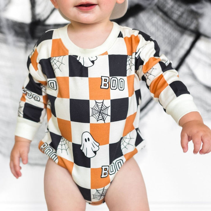 Boo Checkered Halloween Long Sleeve Romper - Natural