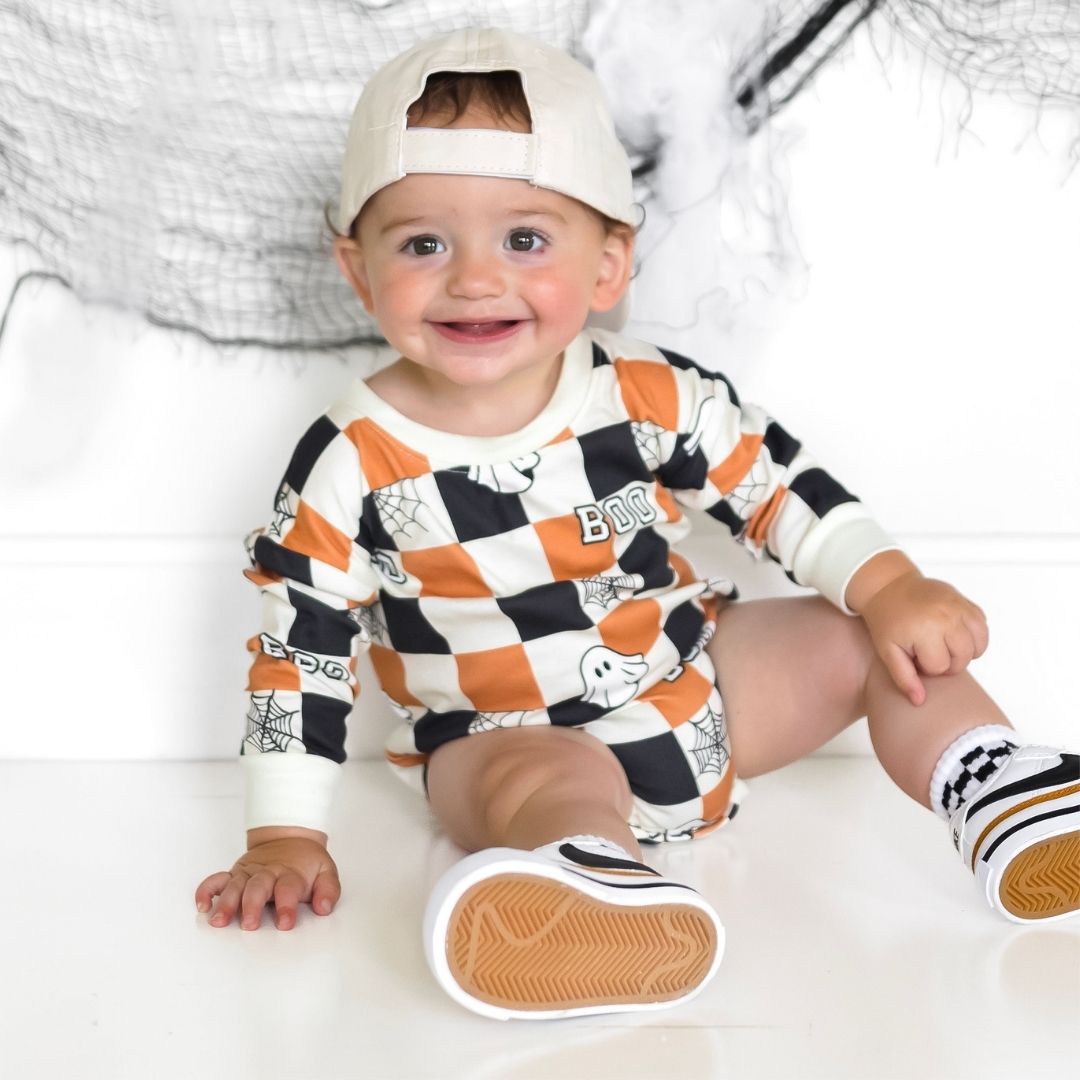 Boo Checkered Halloween Long Sleeve Romper - Natural