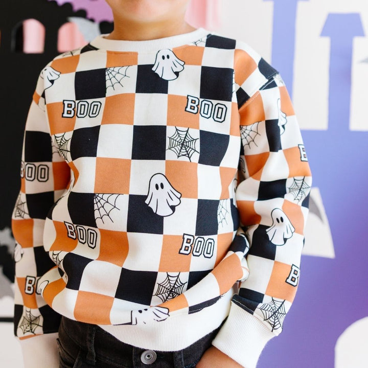 Boo Checkered Halloween Sweatshirt - Natural