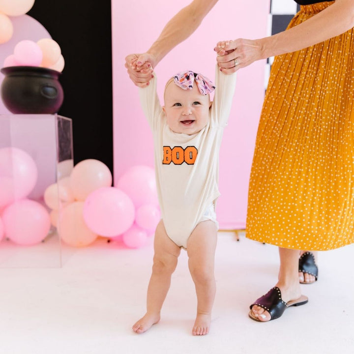 Boo Patch Halloween Long Sleeve Romper - Natural
