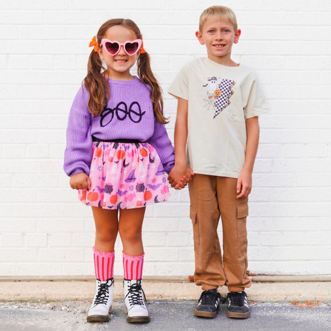 Checker Ghost Halloween Short Sleeve T-Shirt - Natural