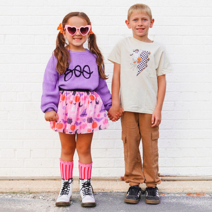 Checker Ghost Halloween Short Sleeve T-Shirt - Natural