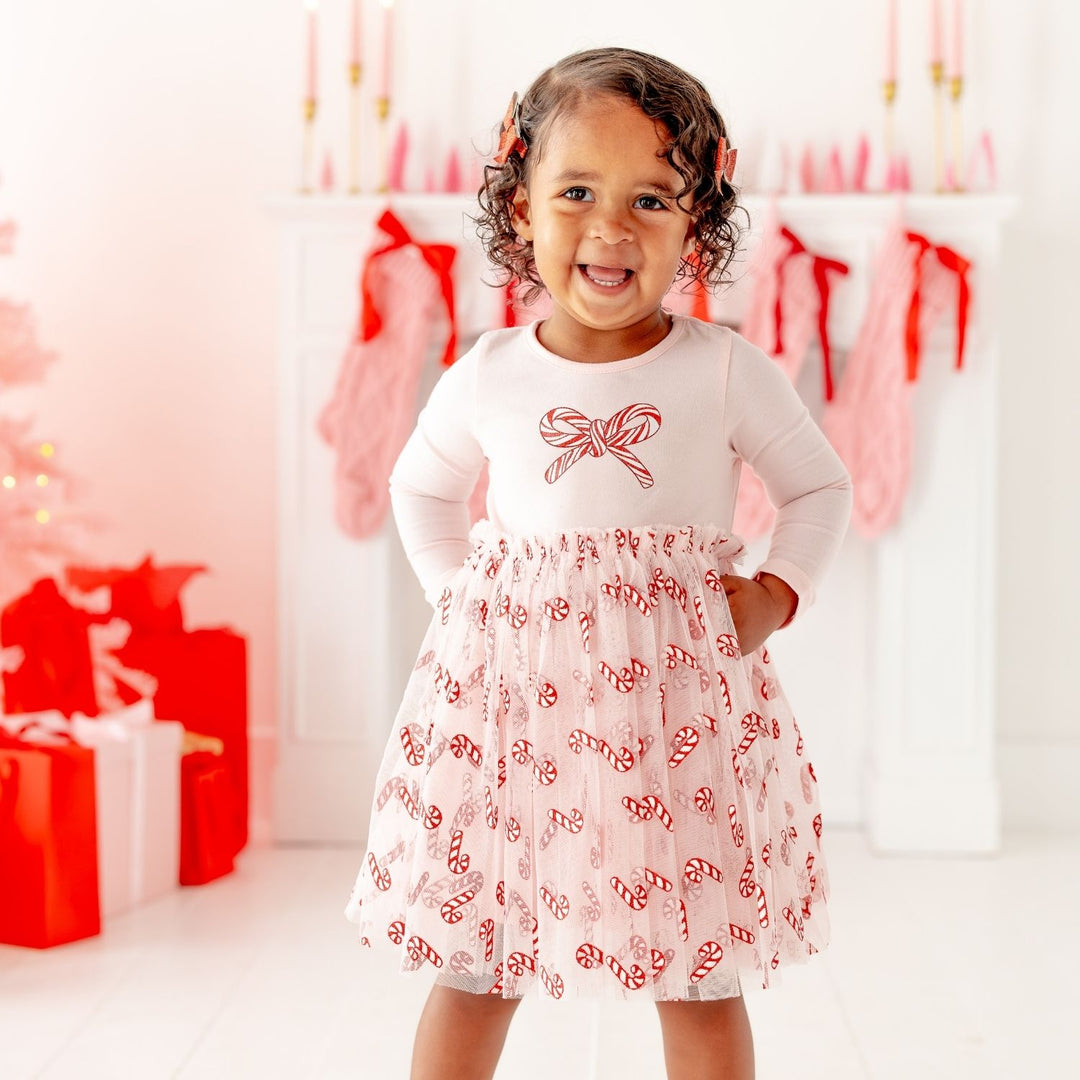 Candy Cane Confetti Christmas Long Sleeve Tutu Dress