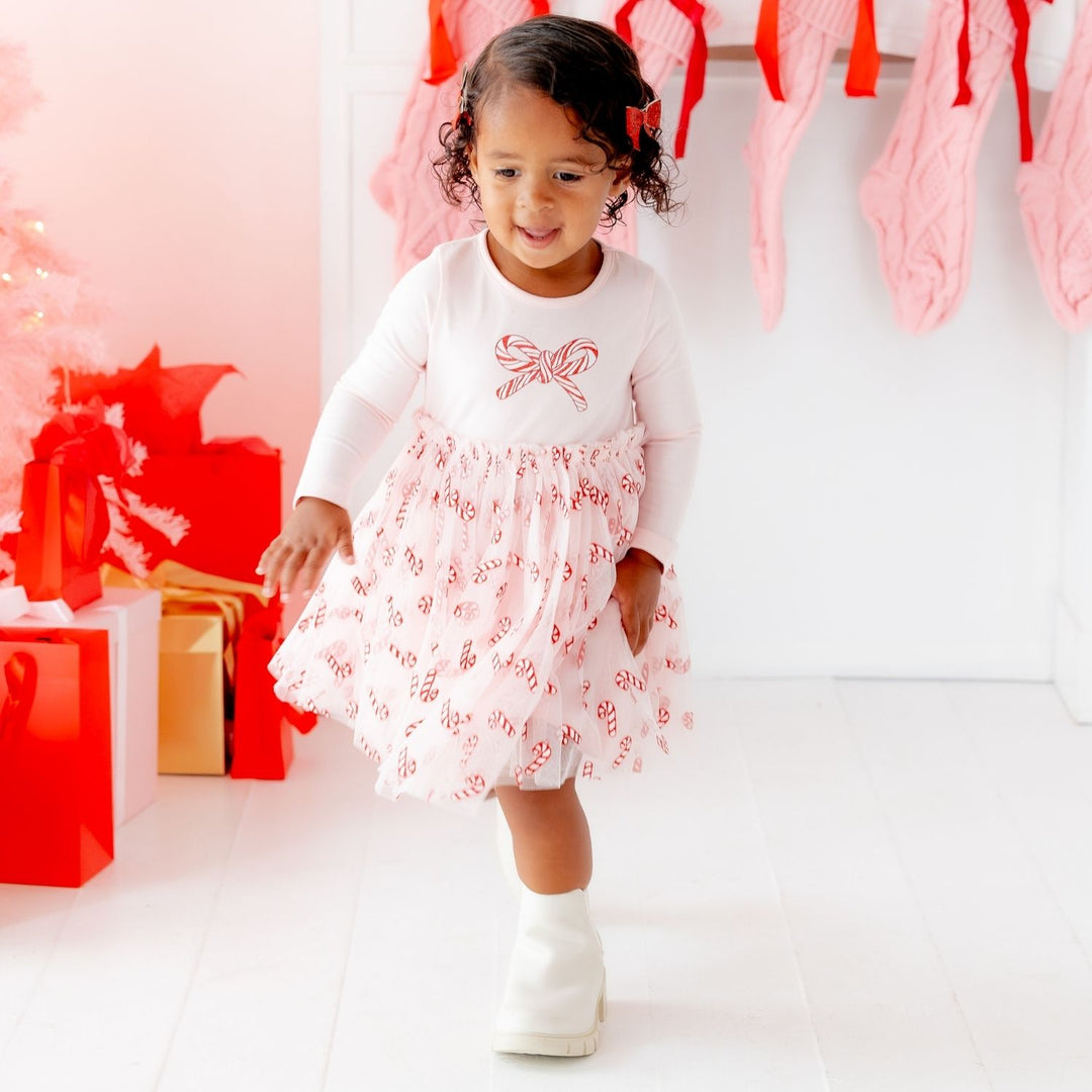 Candy Cane Confetti Christmas Long Sleeve Tutu Dress