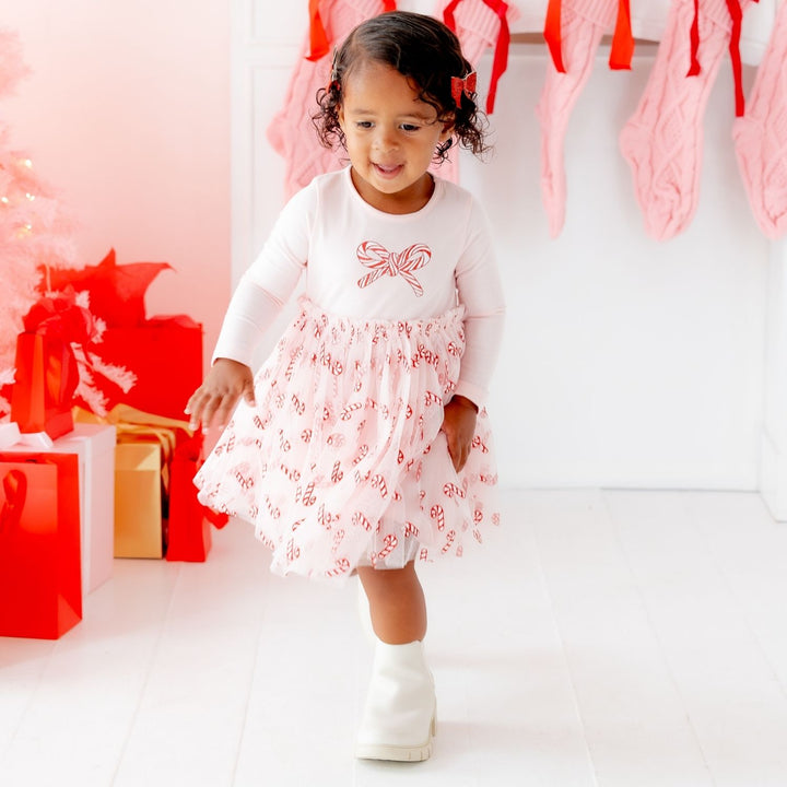 Candy Cane Confetti Christmas Long Sleeve Tutu Dress