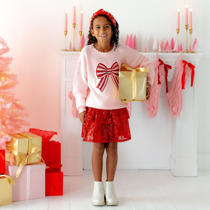 Candy Cane Sequin Bow Patch Christmas Sweater