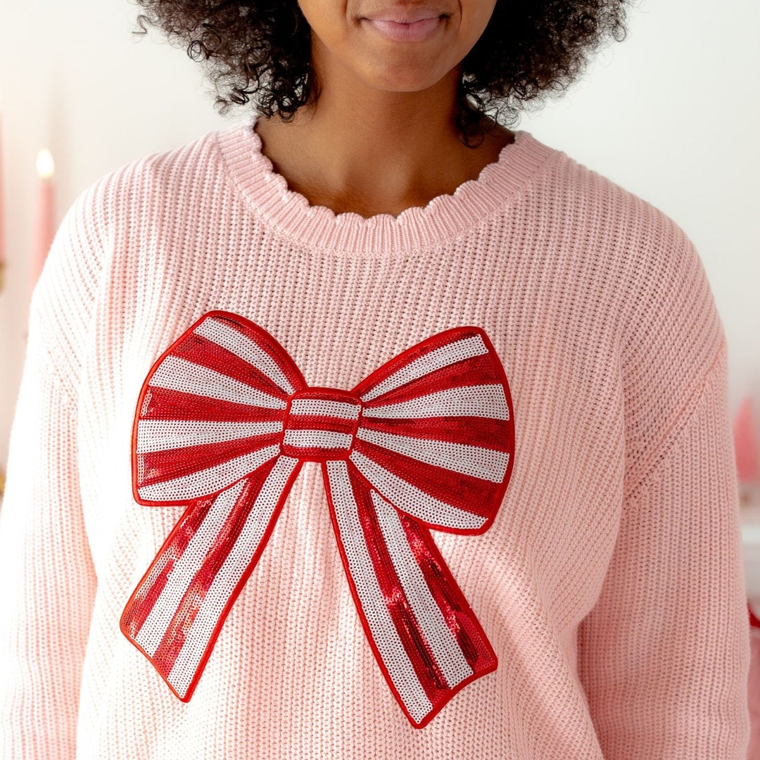 Candy Cane Sequin Bow Patch Christmas Women's Sweater