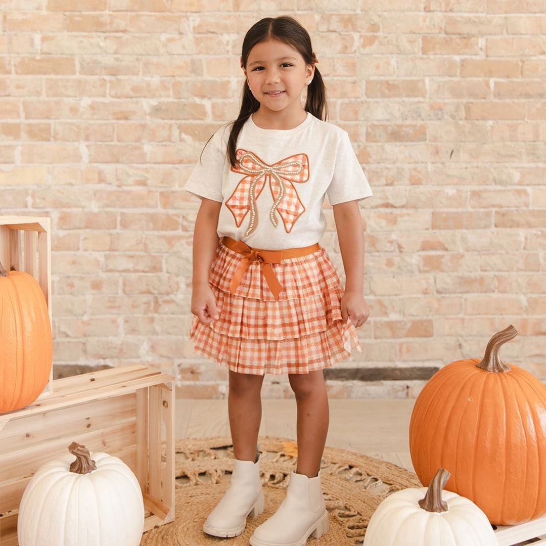 Cinnamon Plaid Bow Patch Short Sleeve T-Shirt
