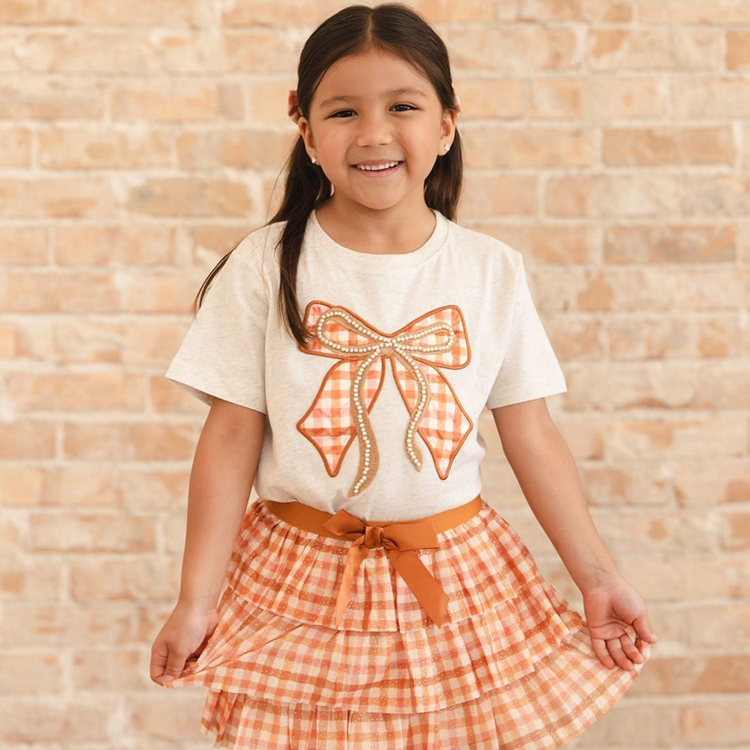 Cinnamon Plaid Bow Patch Short Sleeve T-Shirt