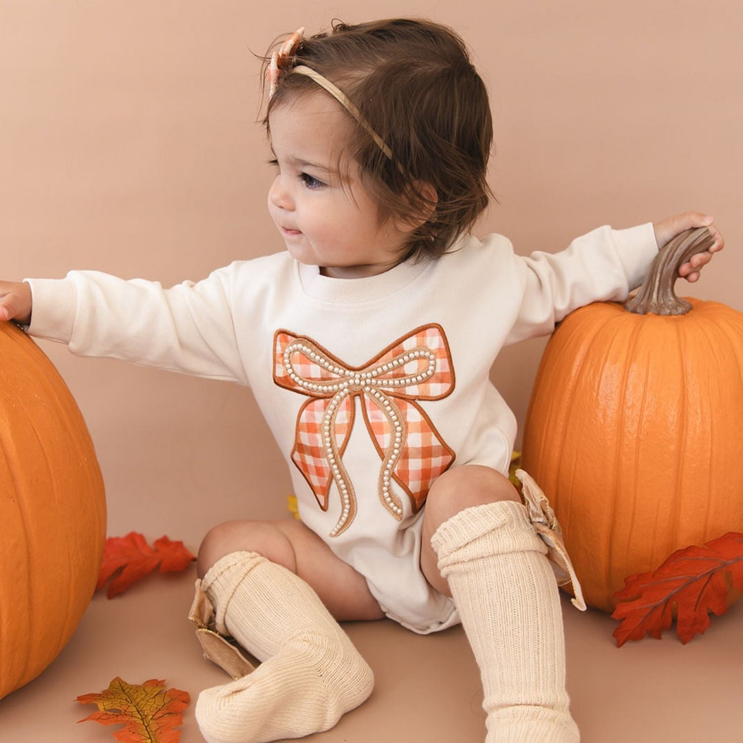 Cinnamon Plaid Bow Patch Long Sleeve Romper