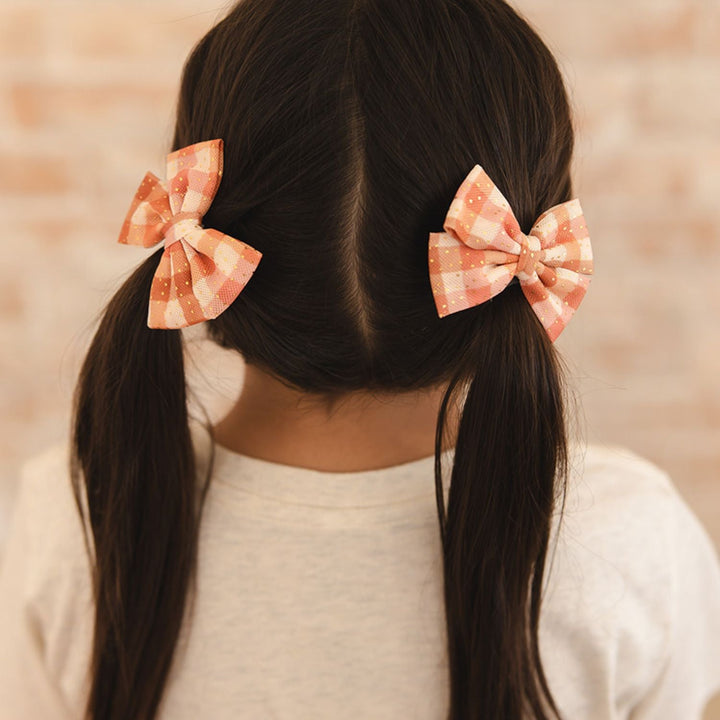 Cinnamon Plaid Tulle Bow Clip Set