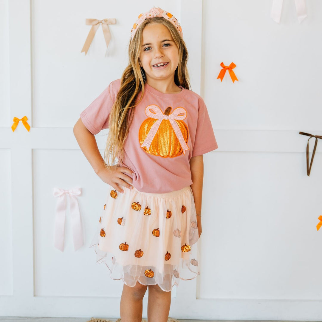 Coquette Pumpkin Sequin Patch Short Sleeve T-Shirt