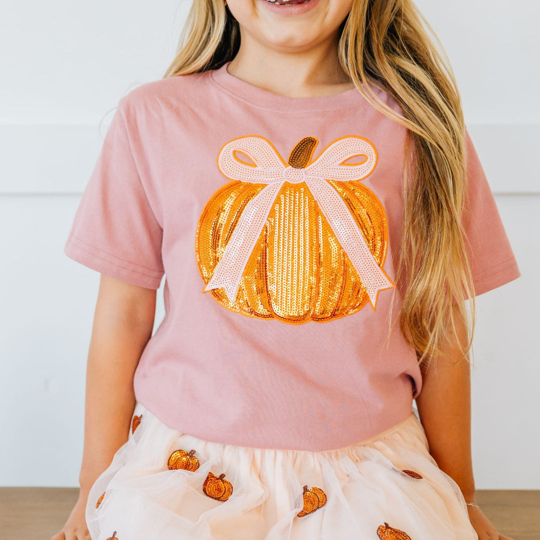 Coquette Pumpkin Sequin Patch Short Sleeve T-Shirt