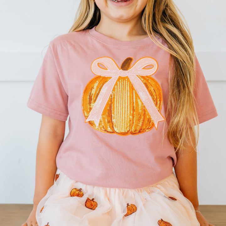 Coquette Pumpkin Sequin Patch Short Sleeve T-Shirt