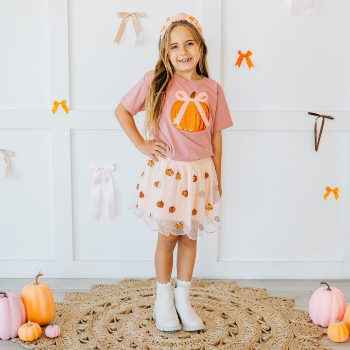 Coquette Pumpkin Sequin Patch Short Sleeve T-Shirt