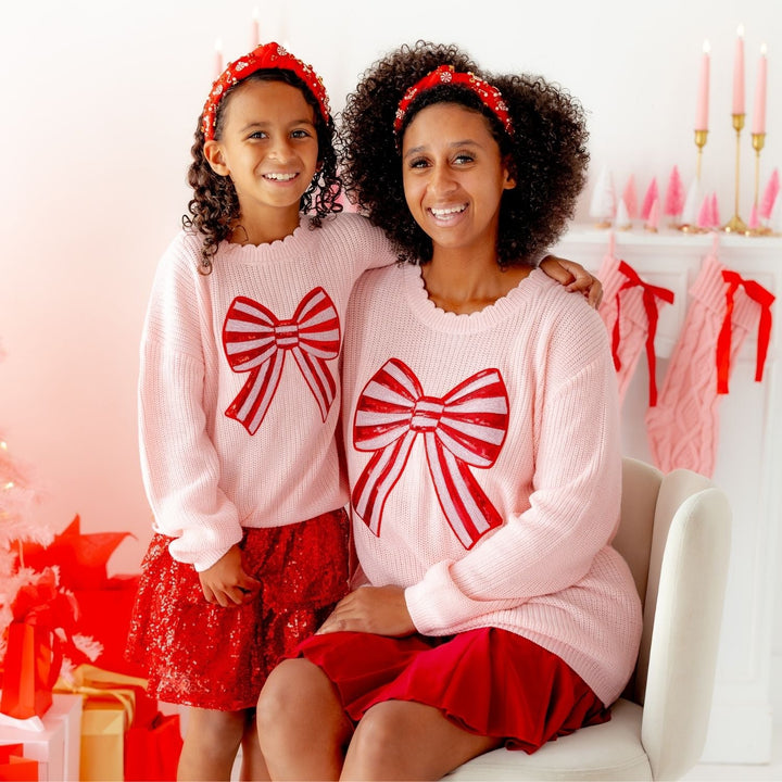 Candy Cane Sequin Bow Patch Christmas Women's Sweater
