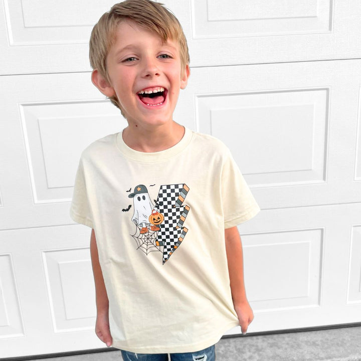 Checker Ghost Halloween Short Sleeve T-Shirt - Natural