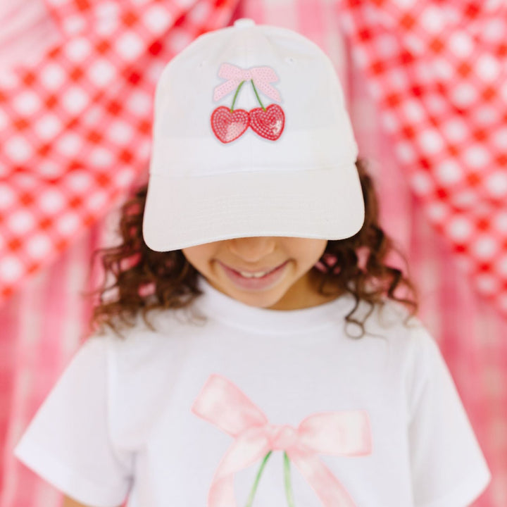 Cherry Sequin Patch Baseball Hat - White