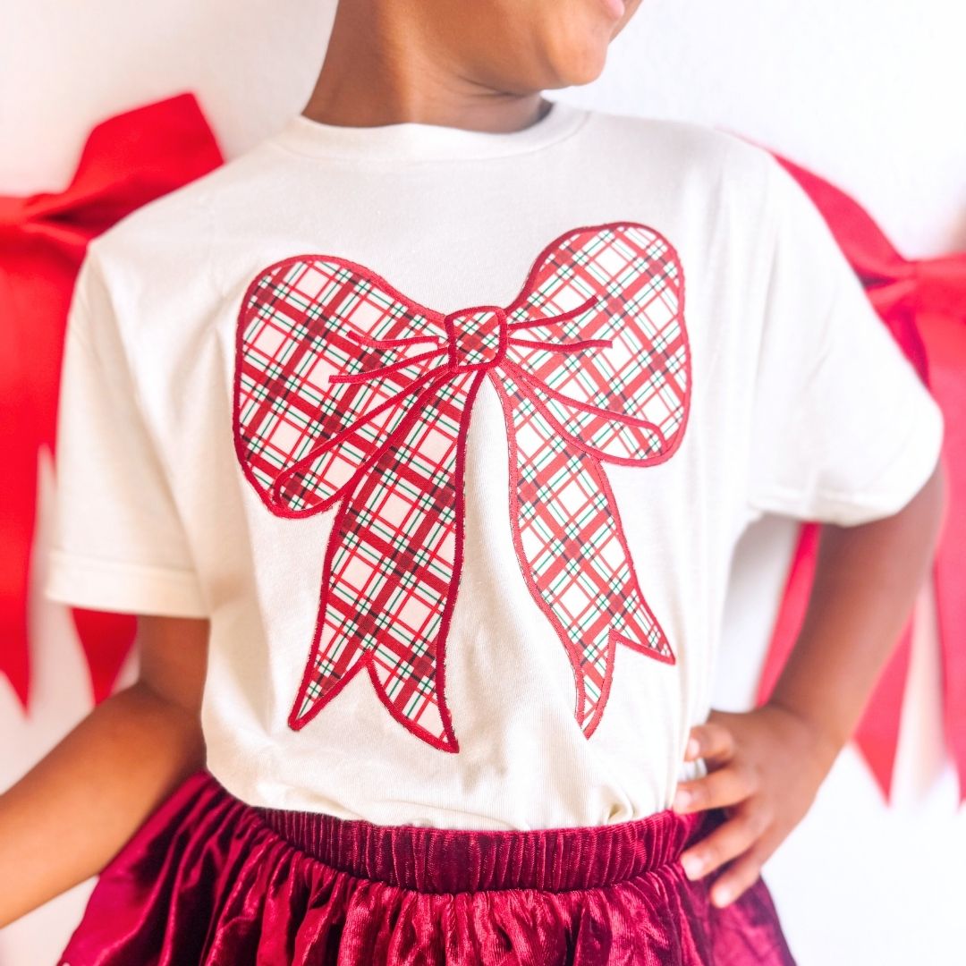 Christmas Plaid Bow Patch Short Sleeve T-Shirt - Natural