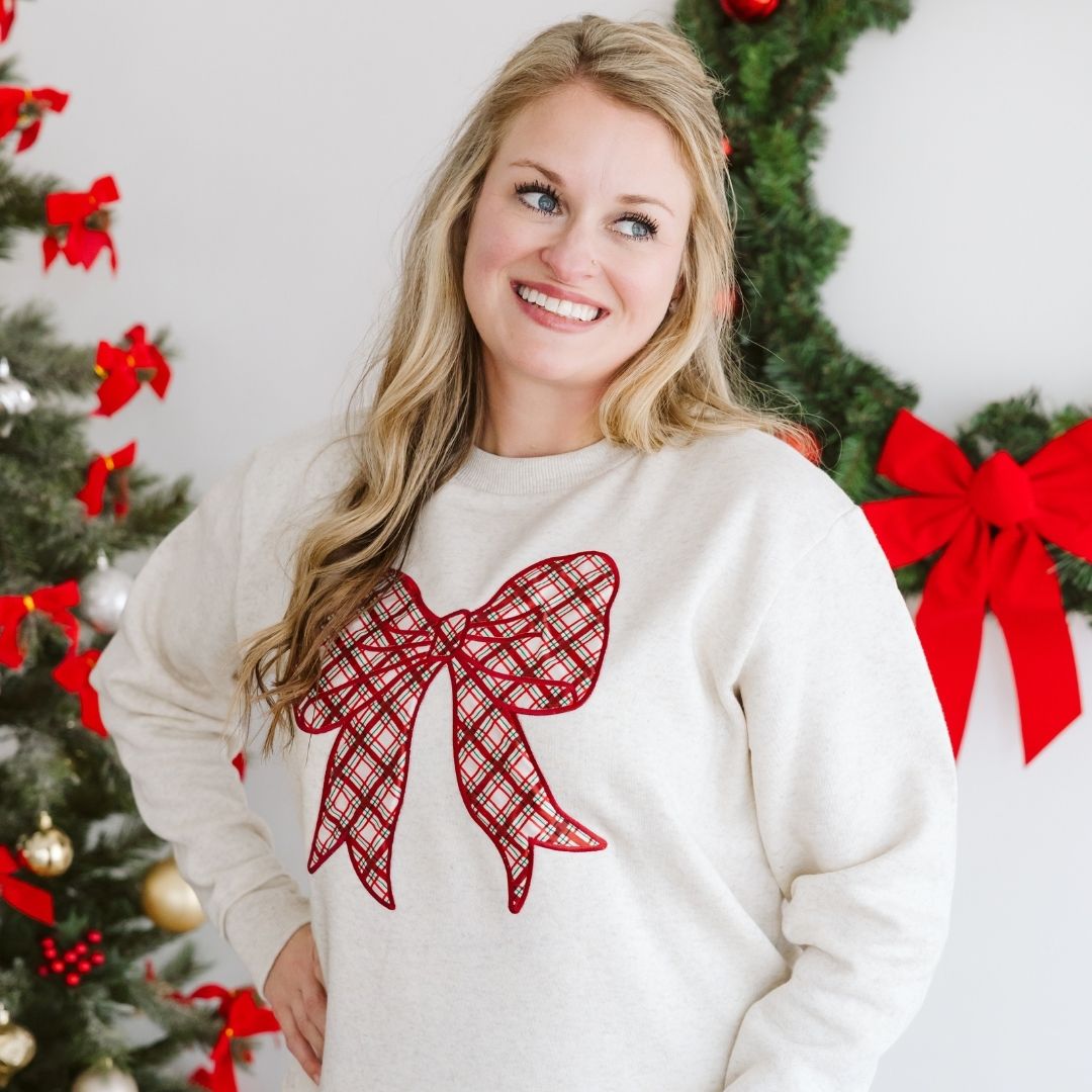 Christmas Plaid Bow Patch Women's Sweatshirt - Natural