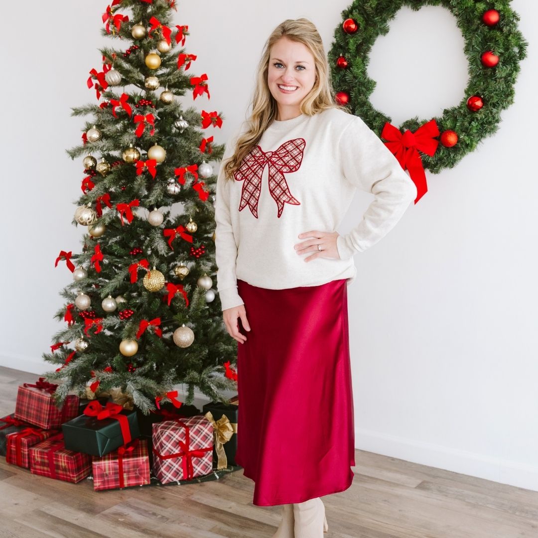 Christmas Plaid Bow Patch Women's Sweatshirt - Natural