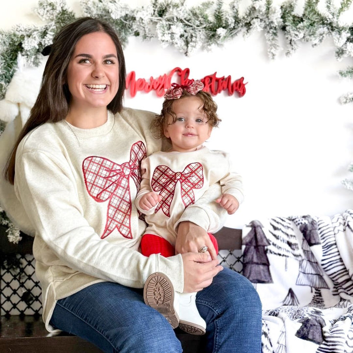 Christmas Plaid Bow Patch Women's Sweatshirt - Natural