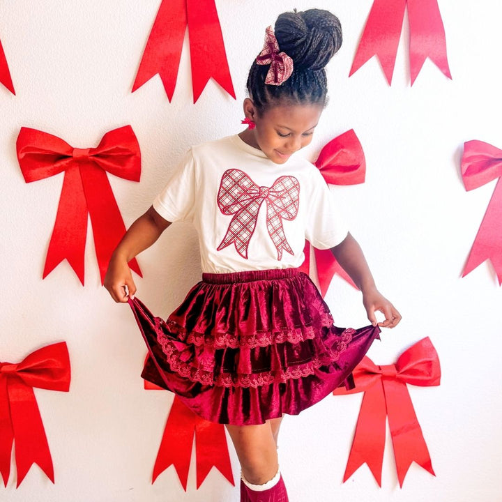 Christmas Plaid Bow Patch Short Sleeve T-Shirt - Natural