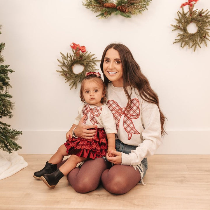 Christmas Plaid Bow Patch Women's Sweatshirt - Natural