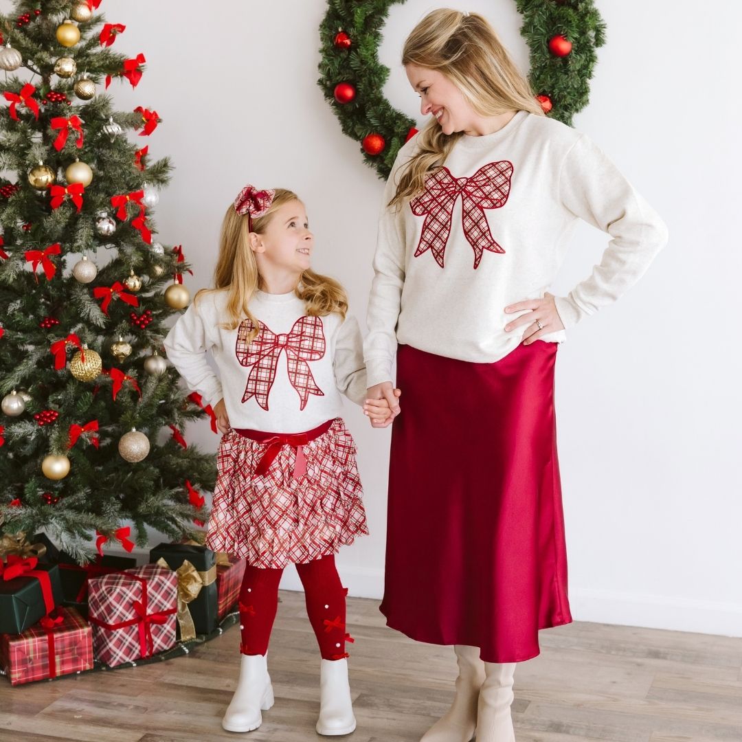 Christmas Plaid Bow Patch Women's Sweatshirt - Natural