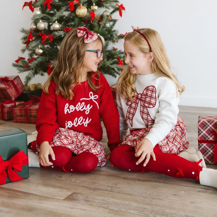Christmas Plaid Bow Patch Sweatshirt - Natural