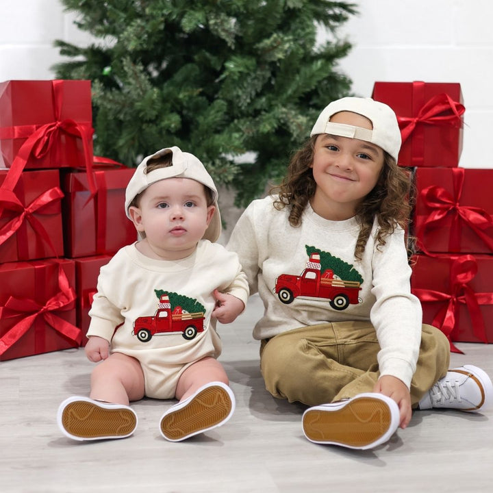 Christmas Truck Patch Long Sleeve Romper - Natural