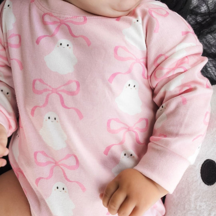 Coquette Ghost Halloween Long Sleeve Romper - Pink