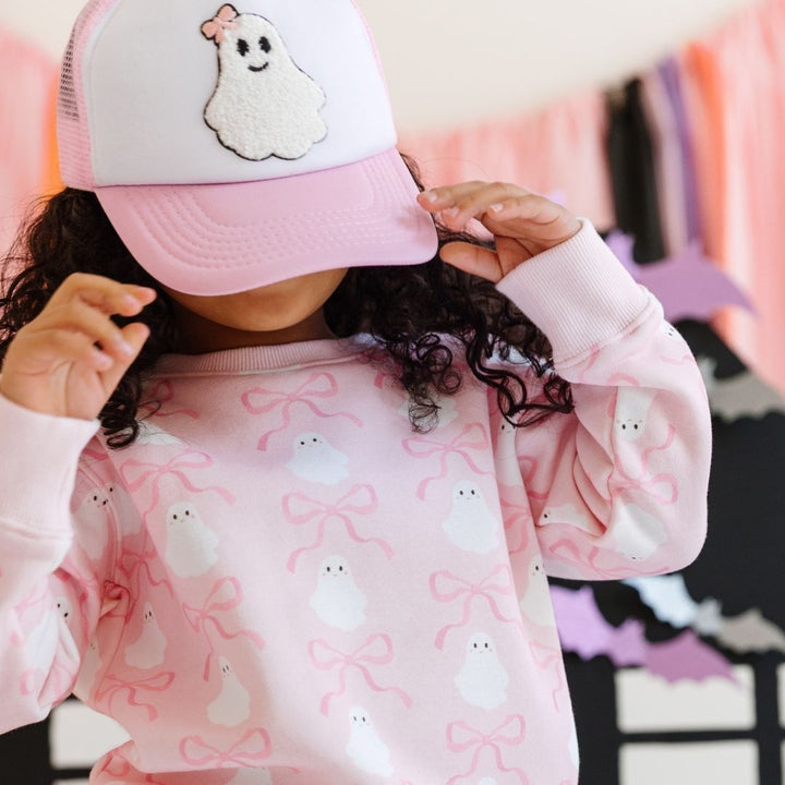 Coquette Ghost Patch Halloween Trucker Hat - Pink/White