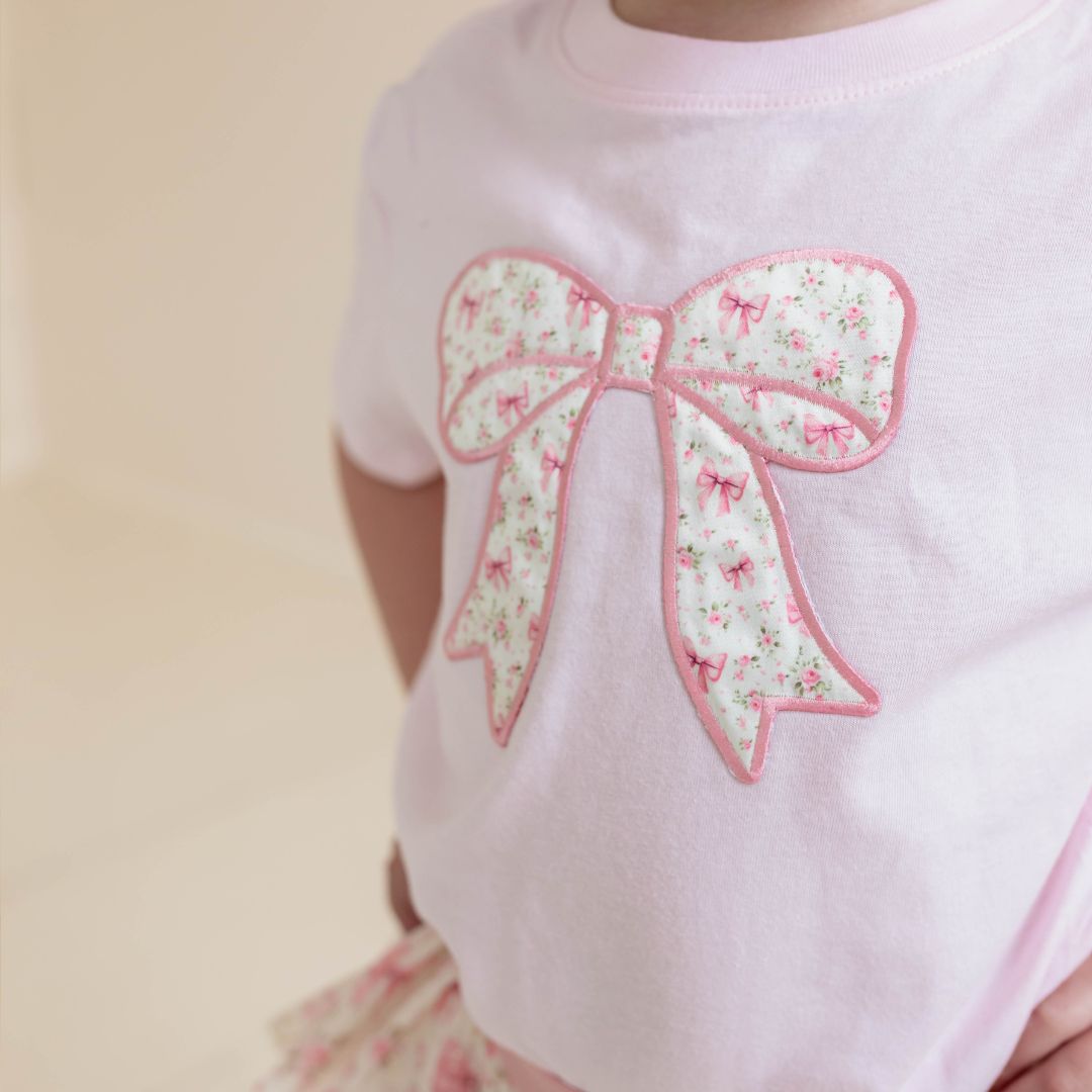 Ditsy Floral Bow Patch Short Sleeve T-Shirt - Ballet